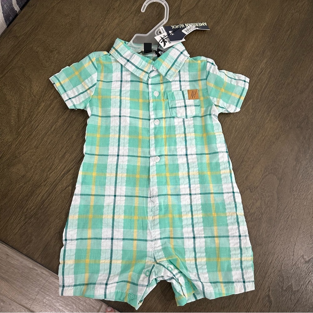 NWT American Hawk 6-9 months green and white checked collared button down romper